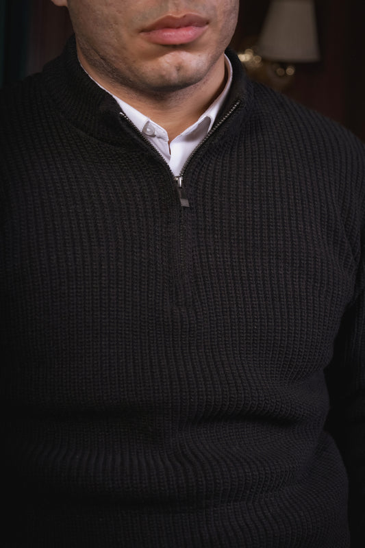 Textured Black Knit Quarter-Zip Jumper