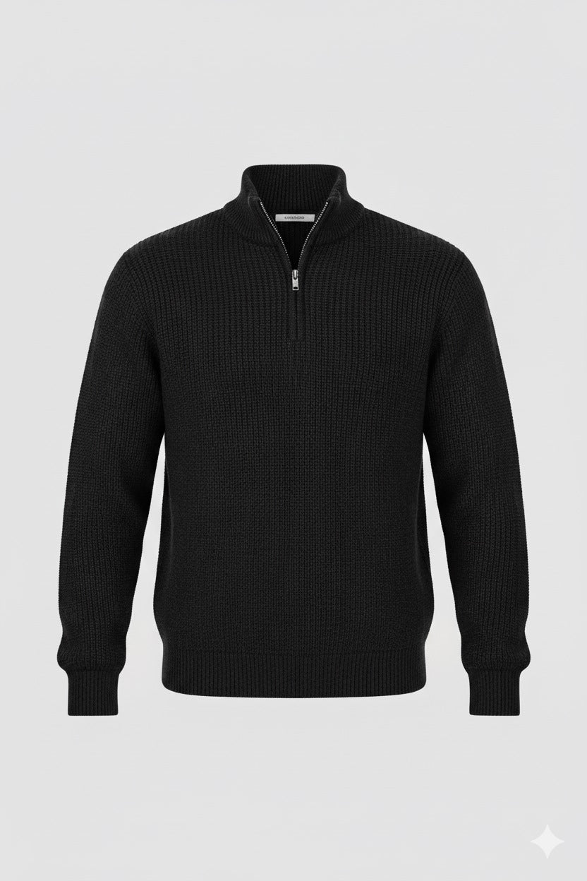 Textured Black Knit Quarter-Zip Jumper