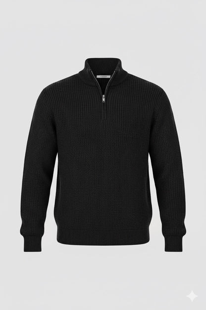 Textured Black Knit Quarter-Zip Jumper