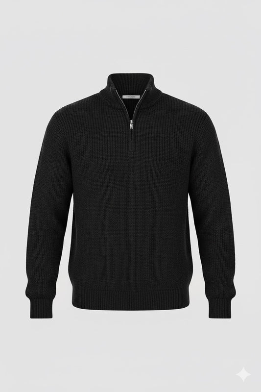 Textured Black Knit Quarter-Zip Jumper