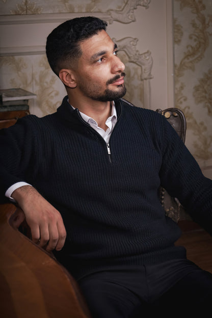 Textured Navy Knit Quarter-Zip Jumper