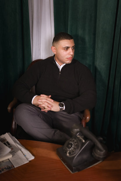 Textured Black Knit Quarter-Zip Jumper