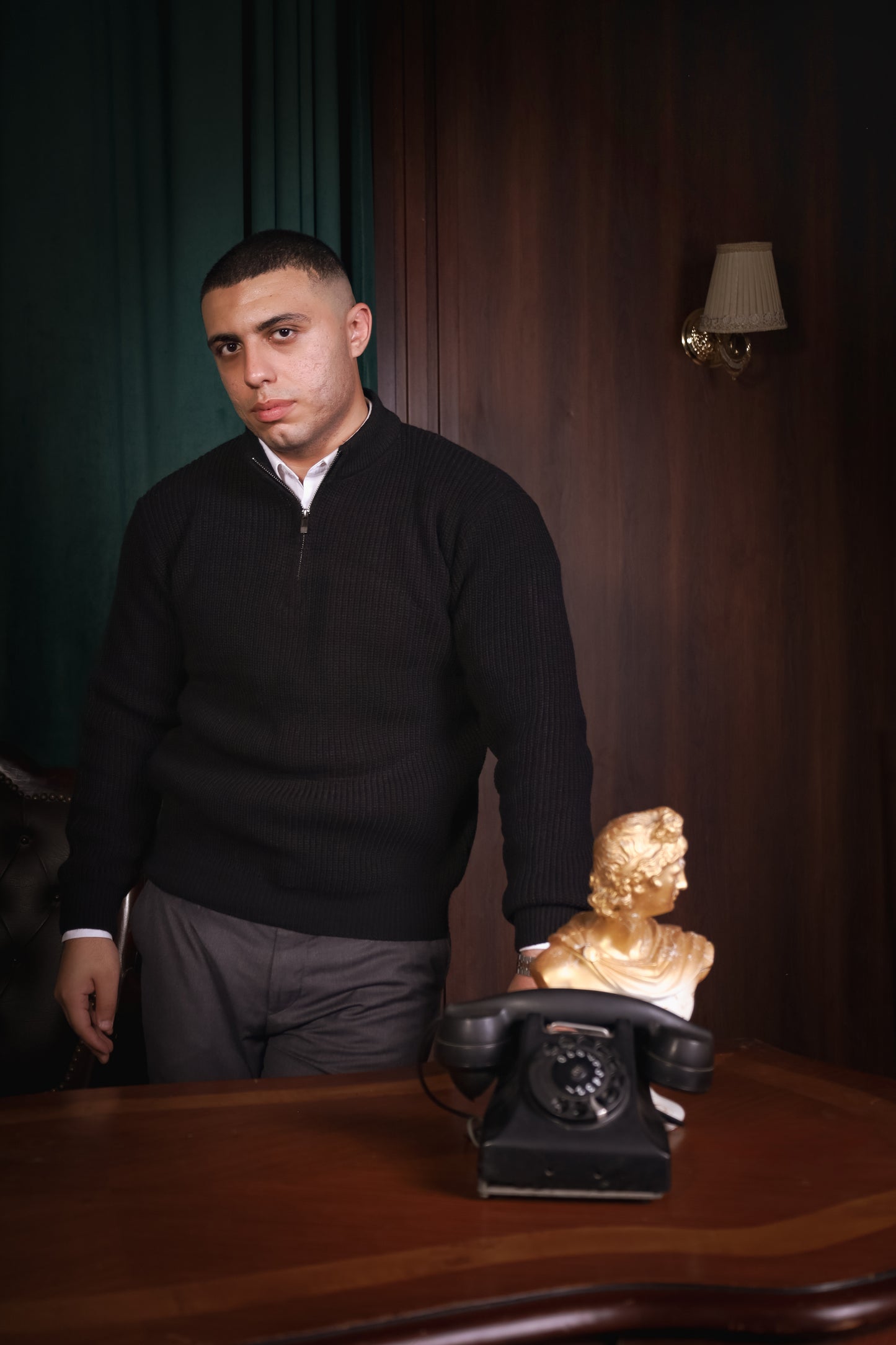 Textured Black Knit Quarter-Zip Jumper