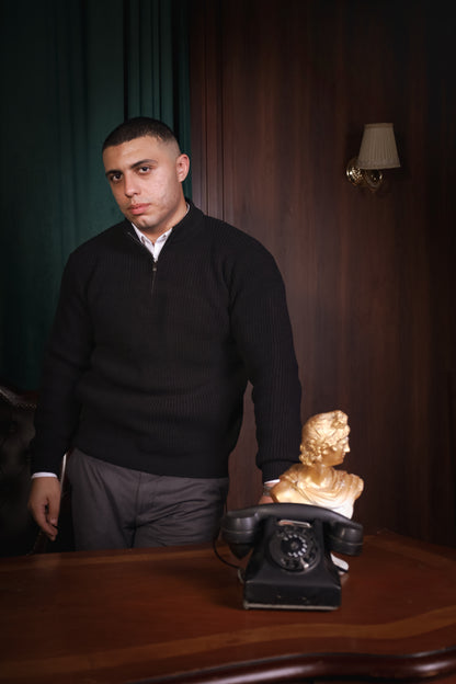 Textured Black Knit Quarter-Zip Jumper