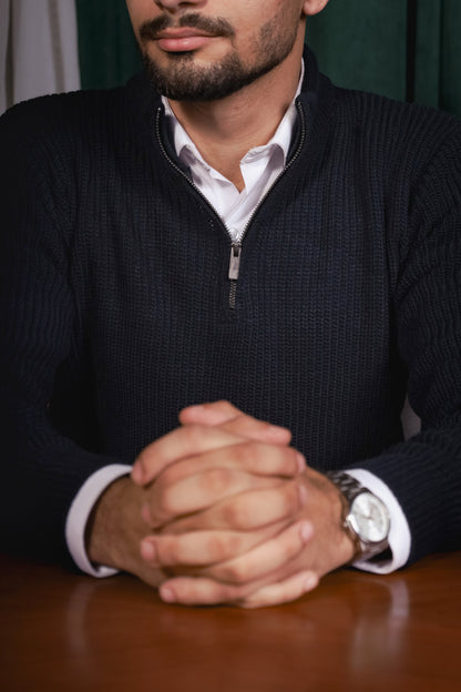 Textured Navy Knit Quarter-Zip Jumper