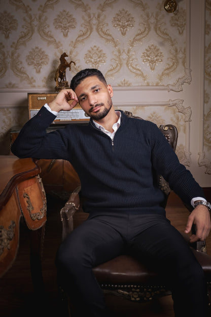 Textured Navy Knit Quarter-Zip Jumper